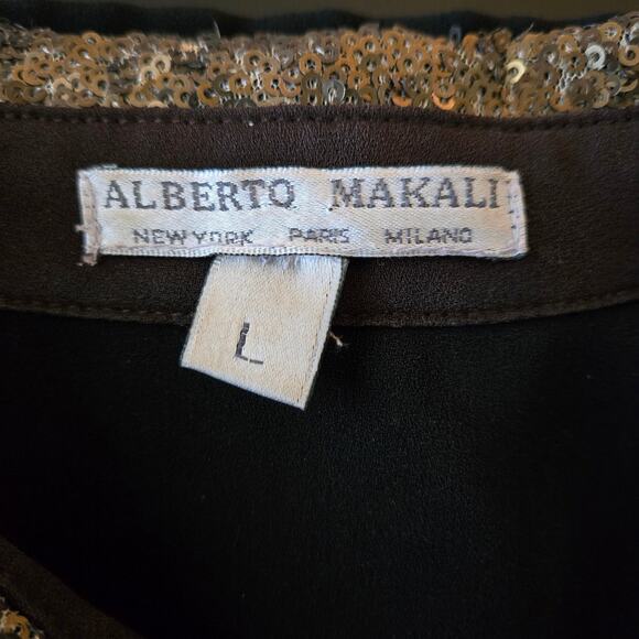 Alberto Makali  Black Brown Colorblock Blouse With Gold Sequin Trim Size L Chic - Picture 9 of 10
